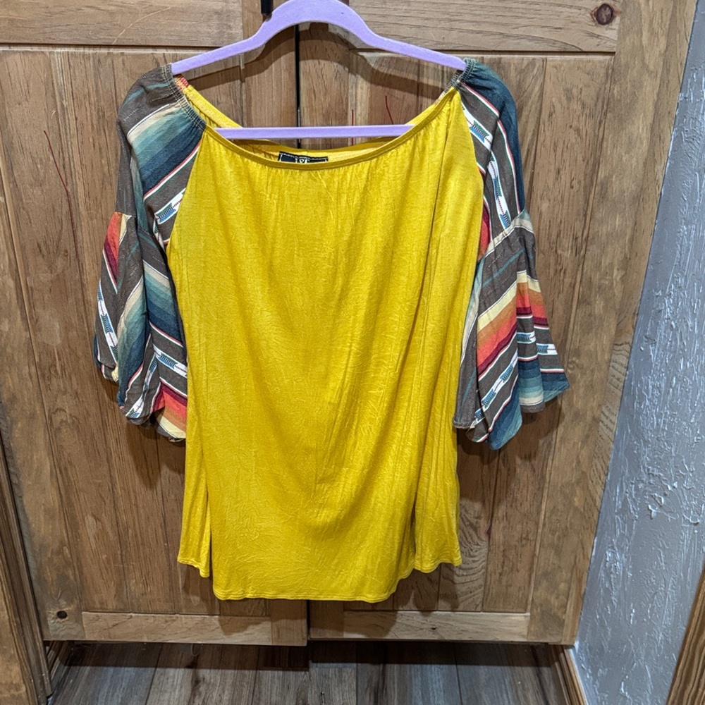 L&B Yellow Blouse with Multicolor Striped Sleeves